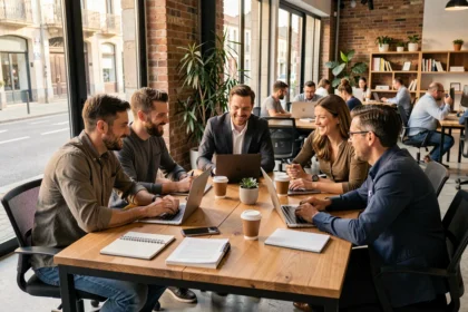 Trois développeurs freelance collaborent autour d'un bureau en bois dans un espace de coworking moderne en Nouvelle-Aquitaine
