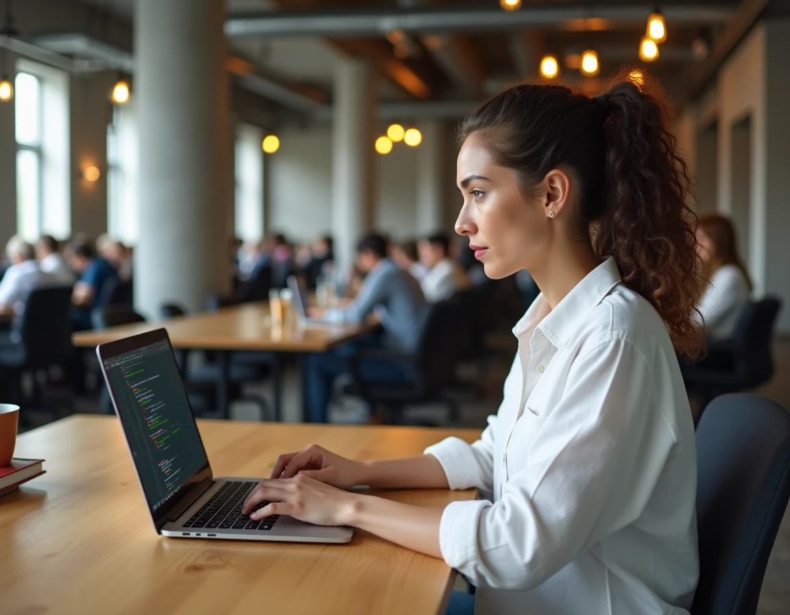 Développeuse web configurant un environnement virtuel Python avec pip dans un espace de coworking moderne