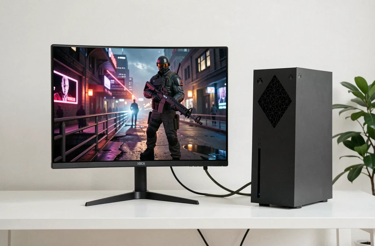 Écran OLED 1440p connecté à une Xbox Series X sur un bureau minimaliste blanc, vue frontale produit