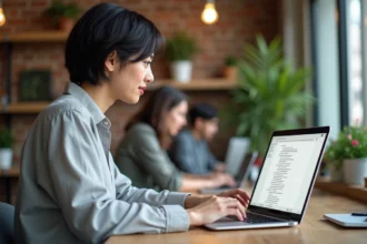 Femme utilisant un éditeur de texte collaboratif en ligne de type Etherpad dans un espace de coworking moderne