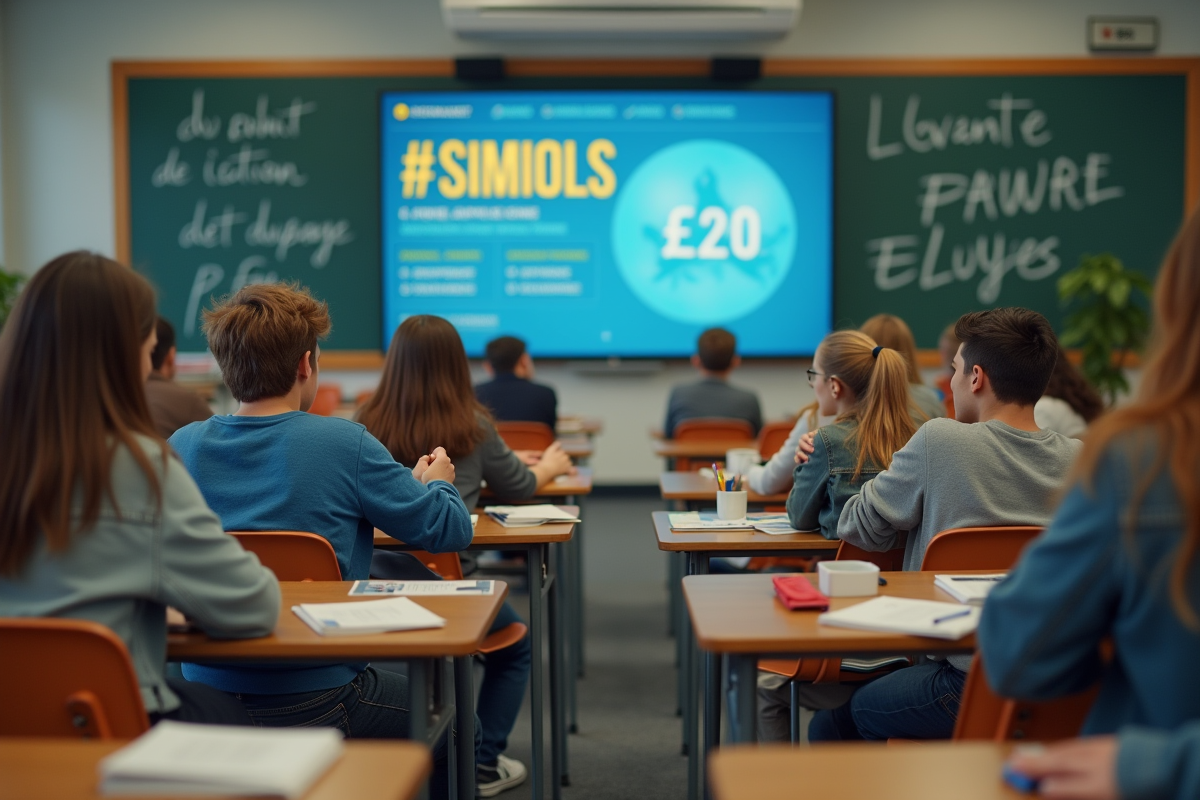Groupe de lycéens discutant autour de leurs desks en classe