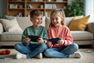 Garçon et fille jouant avec une Nintendo Switch dans le salon