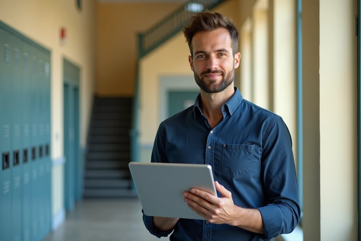 Enseignant accédant à l'intranet académique d'Amiens sur une tablette dans un couloir d'école