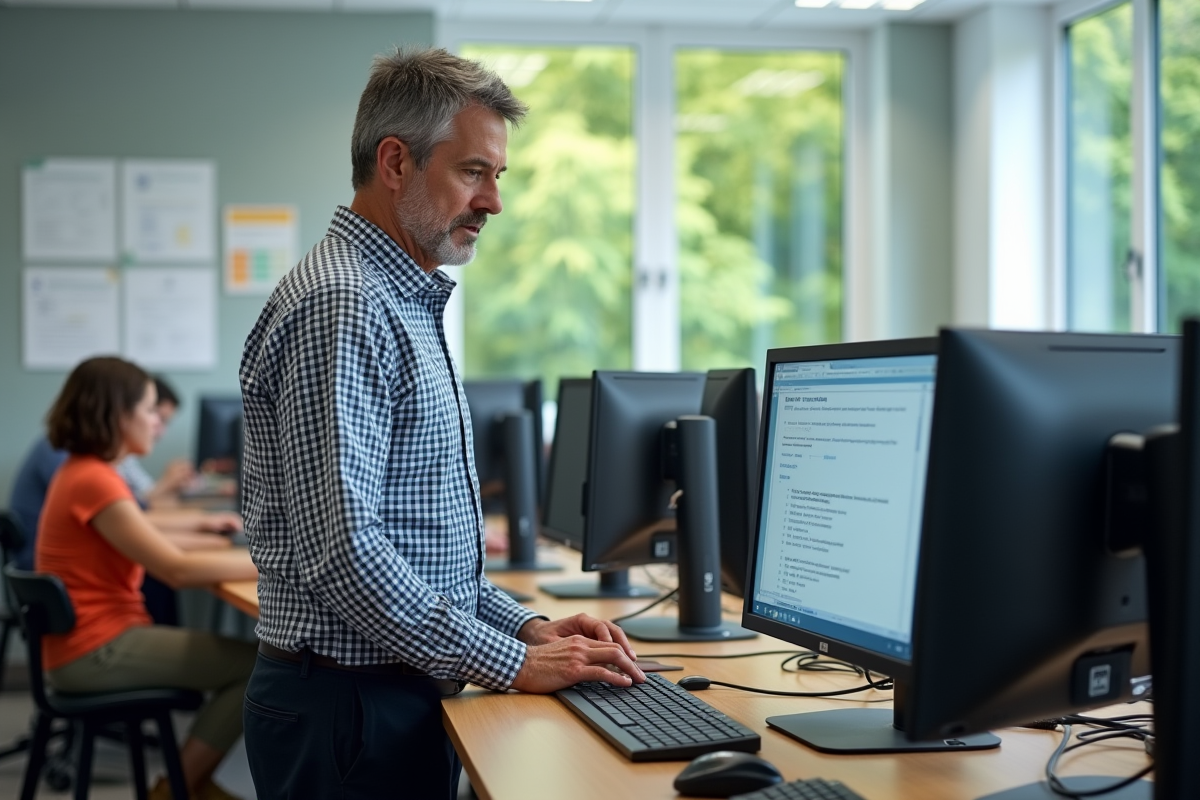 Professeur en classe informatique avec étudiants et posters éducatifs