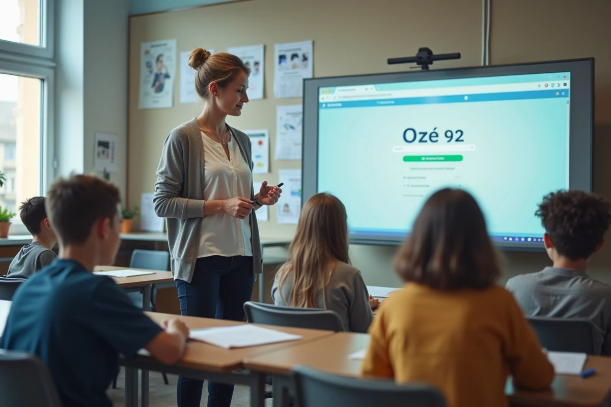 Professeure avec tableau numérique et élèves en classe informatique