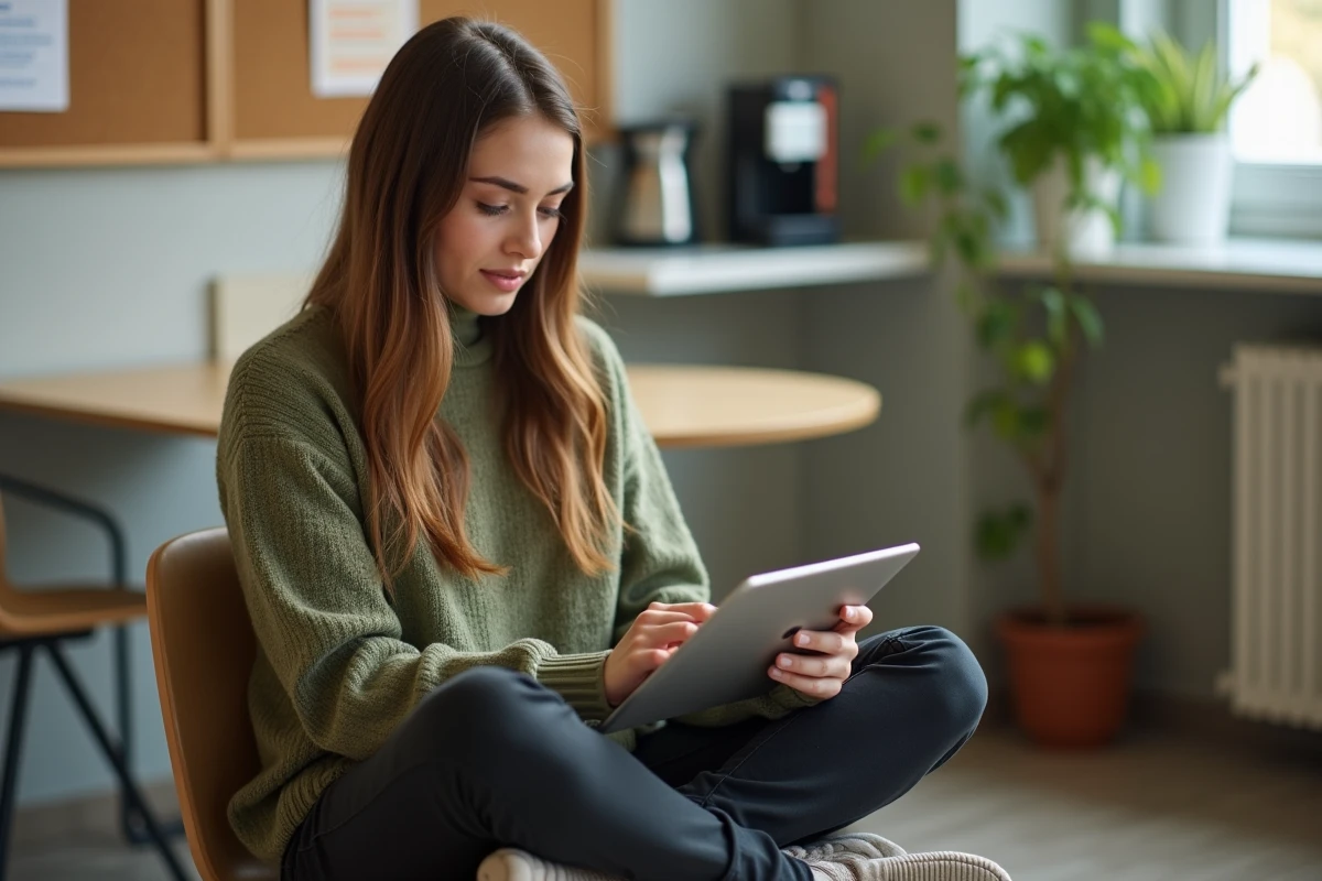 Une enseignante consulte sa messagerie DSDEN 64 sur une tablette dans la salle des professeurs