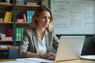 Femme concentrée travaillant sur un ordinateur dans sa classe