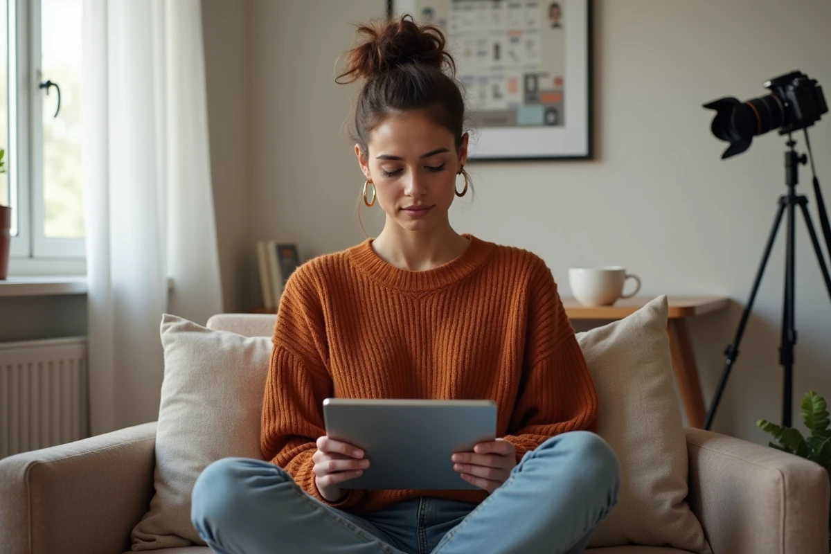 Entrepreneur solo gérant sa stratégie de contenu multimédia depuis un bureau à domicile avec des outils digitaux accessibles