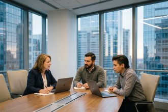 Groupe de consultants en cybersécurité en réunion dans un bureau moderne