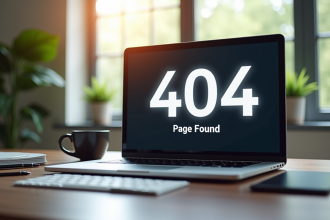 Ordinateur portable affichant erreur 404 sur un bureau lumineux