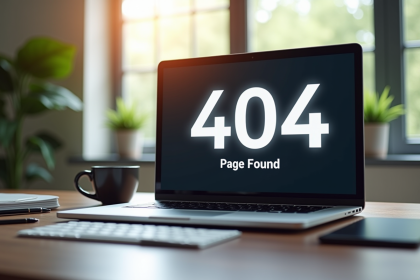Ordinateur portable affichant erreur 404 sur un bureau lumineux