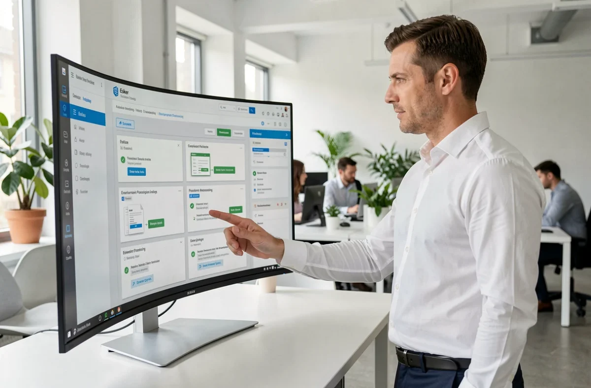 Consultant informatique analysant des workflows de dématérialisation sur un écran Esker à Lyon