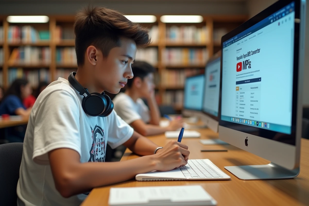 Étudiant en bibliothèque comparant des convertisseurs YouTube en MP3 en ligne sur un ordinateur de bureau avec un carnet de notes