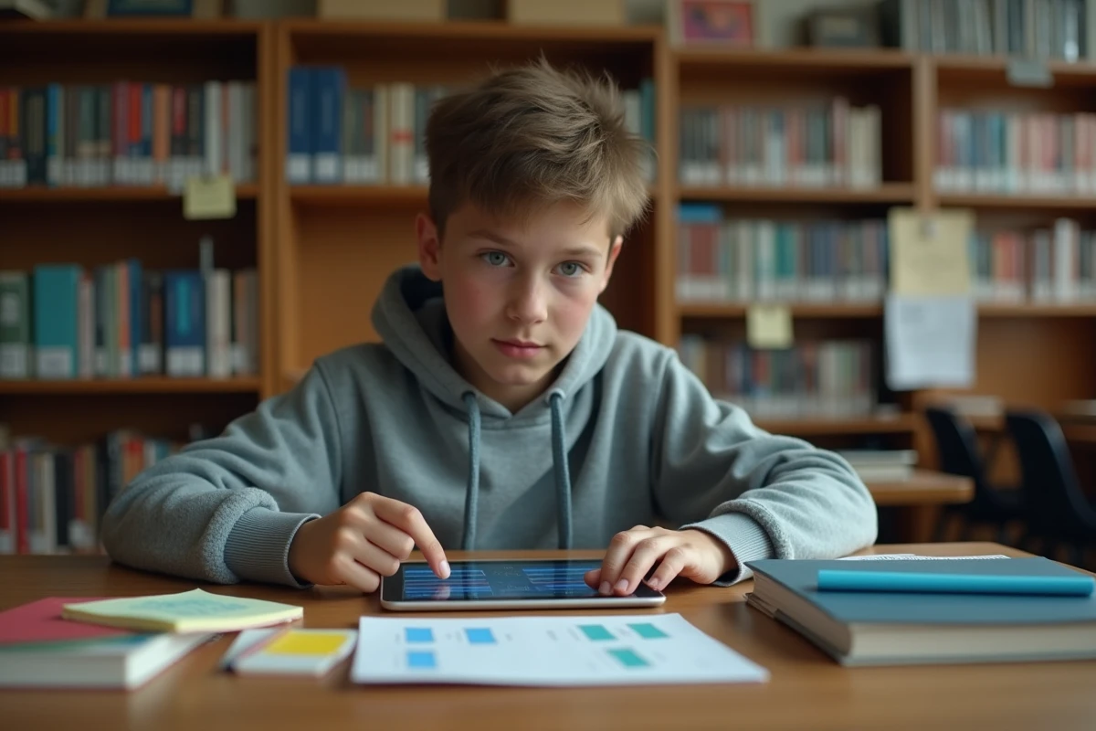 Étudiant dans une bibliothèque scolaire utilisant une tablette pour apprendre la conversion des unités de stockage Go et Mo
