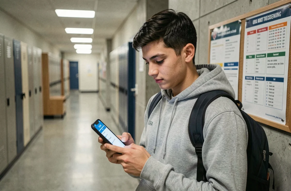 Étudiant consultant ses services en ligne UHA sur smartphone dans un couloir de l'université