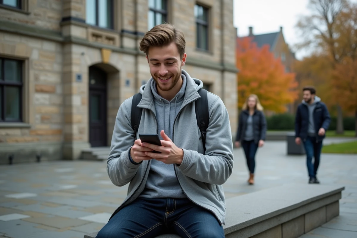 Étudiant vérifiant ses notes et son emploi du temps sur l'intranet Lyon 3 via son smartphone dans la cour du campus