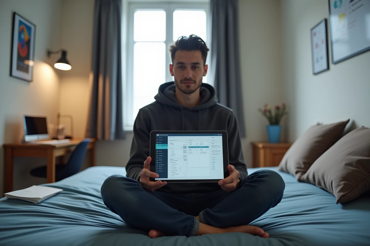 Étudiant configurant les modules de l'intranet Lyon 3 sur tablette dans sa chambre universitaire