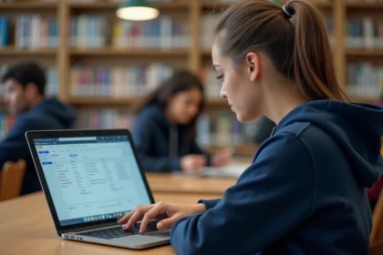 Étudiante consultant son emploi du temps sur l'intranet de l'université Lyon 3 depuis un ordinateur portable en bibliothèque