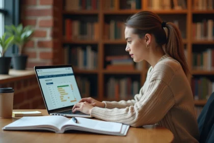 Étudiante personnalisant son tableau de bord sur l'intranet Lyon 3 depuis la bibliothèque universitaire