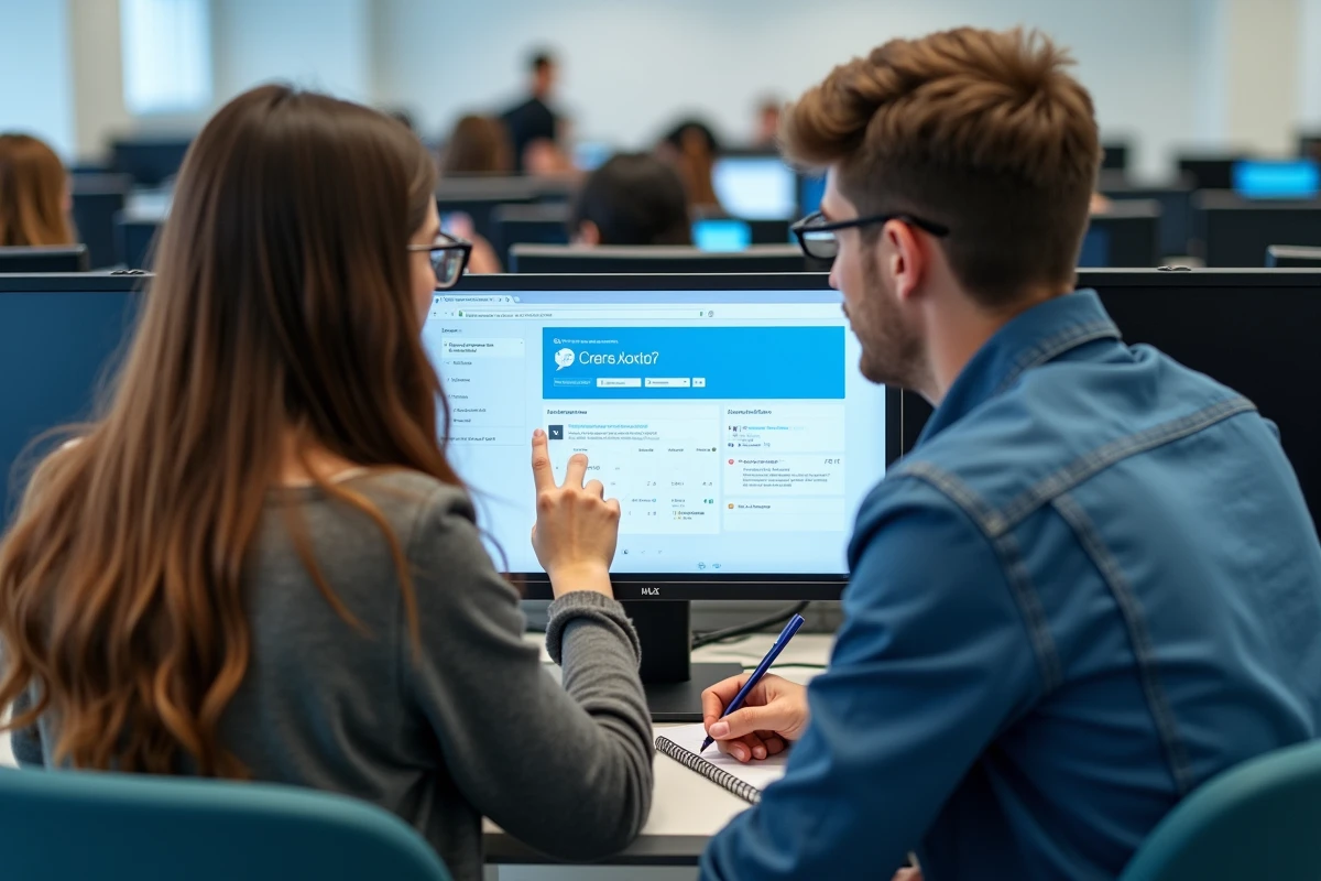 Deux étudiants consultant et personnalisant ensemble l'intranet Lyon 3 dans une salle informatique universitaire