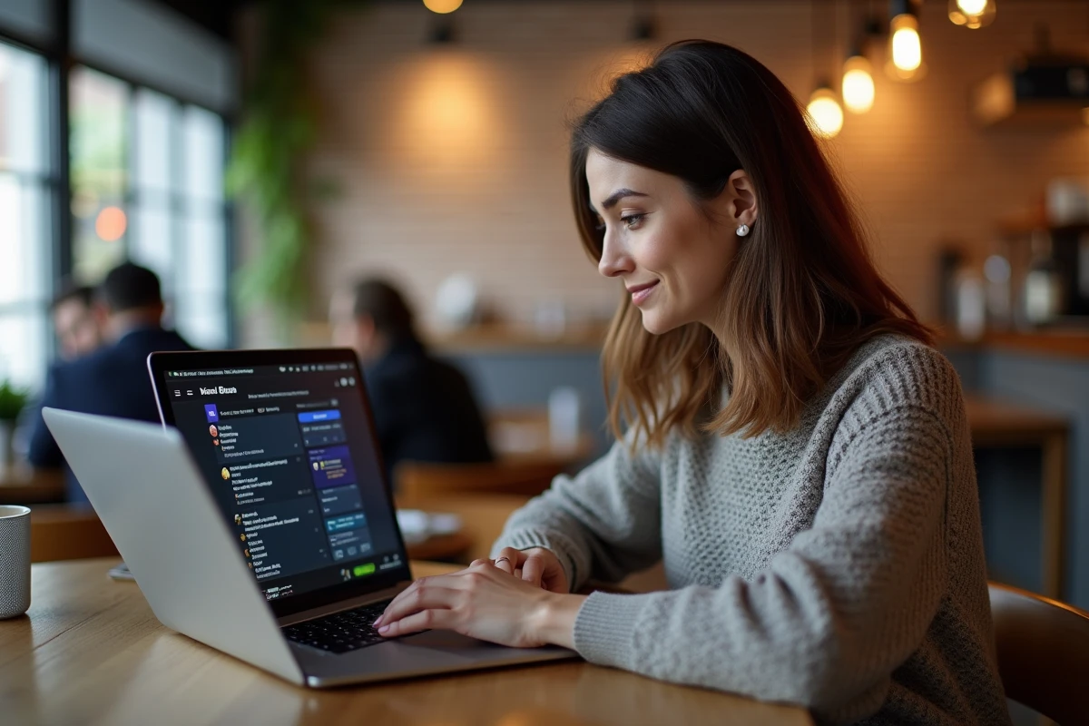 Femme consultant les avis et retours d'expérience de la communauté FlashBack FA sur Discord dans un café