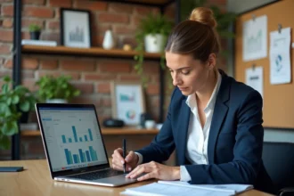 Cheffe d'entreprise PME analysant des données digitales sur ordinateur portable avec un budget limité dans un bureau moderne