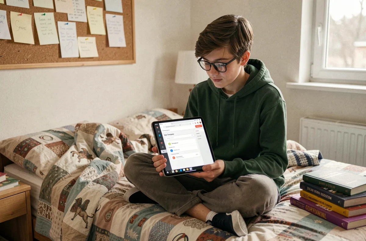 Étudiant configurant l'extension Google Traduction sur une tablette dans une chambre