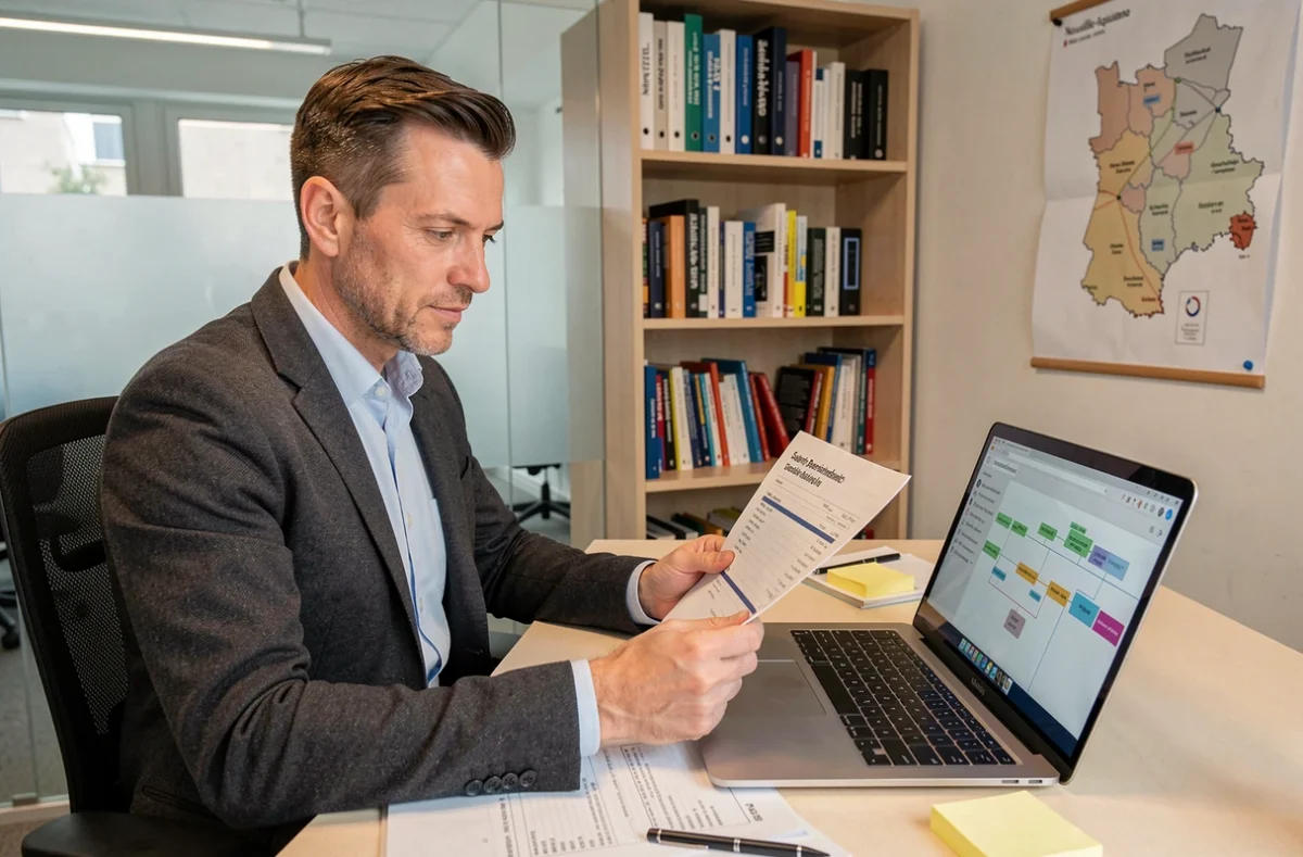 Consultant technique en recrutement analysant un rapport de veille tarifaire et un tableau de suivi de candidats dans un bureau professionnel