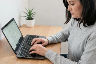 Femme tapant le symbole arobase sur un clavier AZERTY français à son bureau à domicile