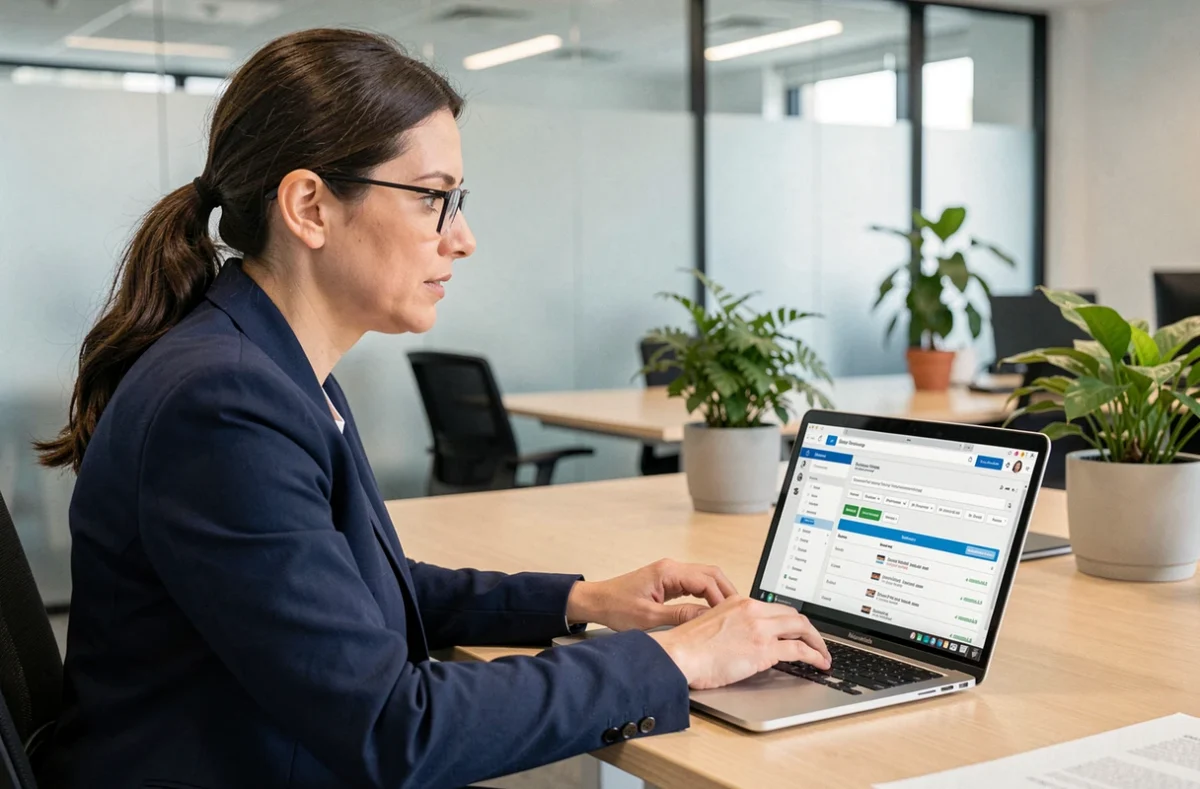 Femme administrative utilisant le portail eservice UHA sur un ordinateur portable dans un bureau universitaire moderne