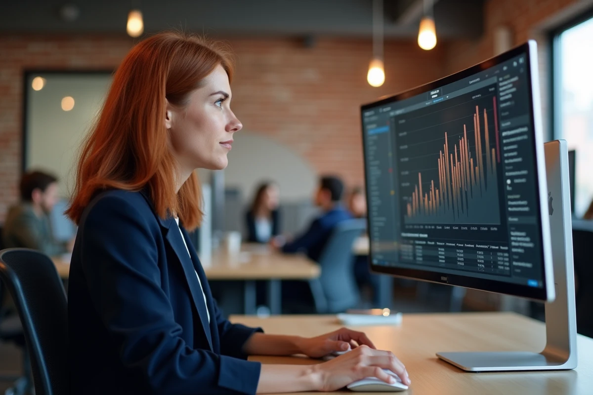 Femme professionnelle analysant les performances du Mac Apple M5 dans un bureau moderne en open space