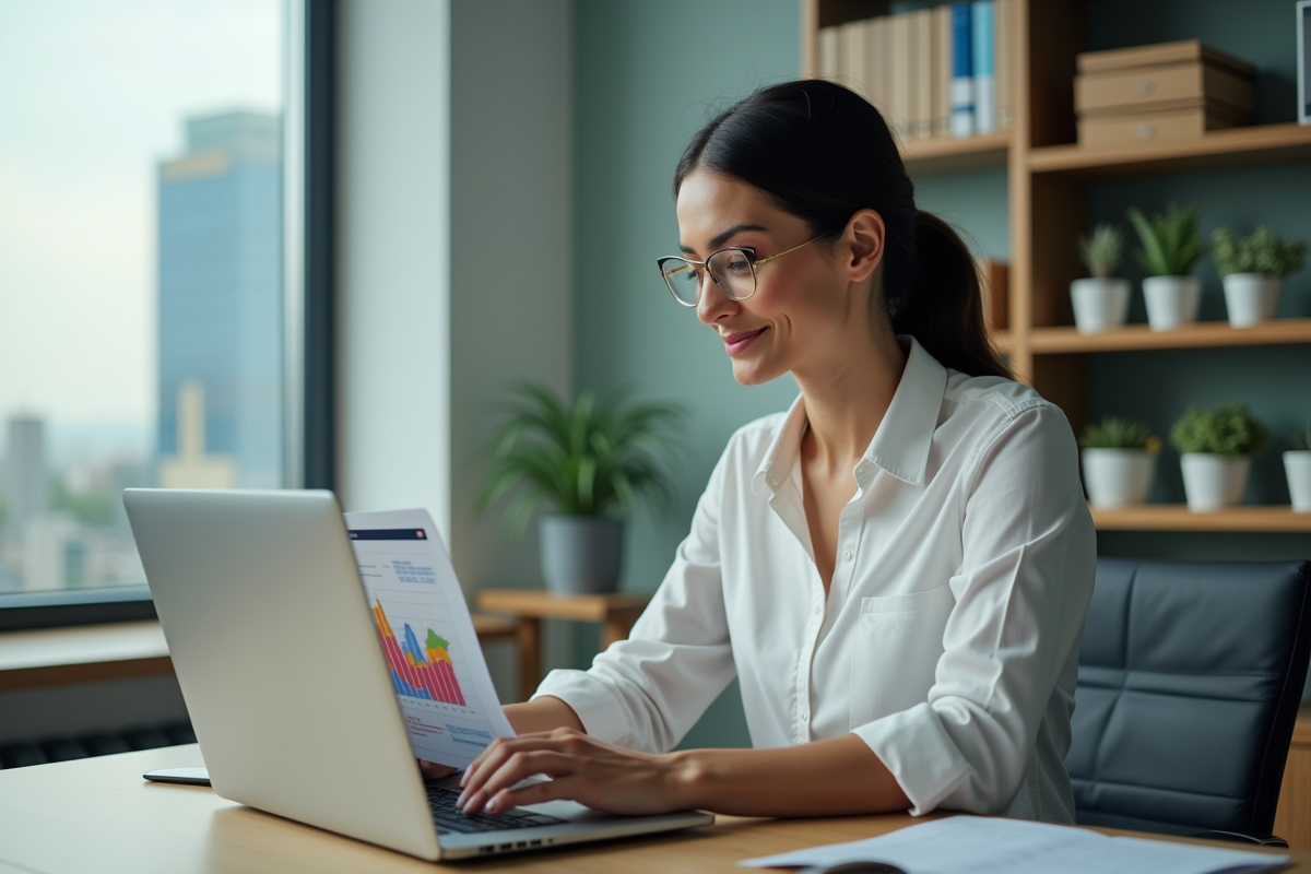 Femme professionnelle analysant un tableau comparatif sur son ordinateur