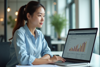 Jeune femme au bureau analysant des données web