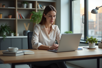 Femme en bureau moderne configurant OneDrive sur son ordinateur