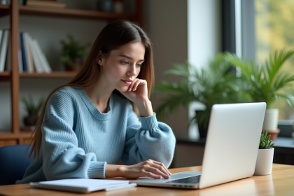 Jeune femme concentrée travaillant dans un bureau à domicile