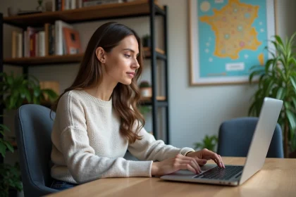 Femme travaillant sur son ordinateur dans un bureau cosy