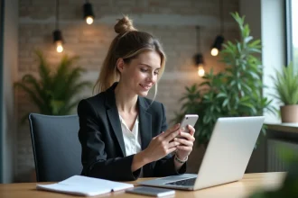 Jeune femme professionnelle regardant Instagram Stories au bureau