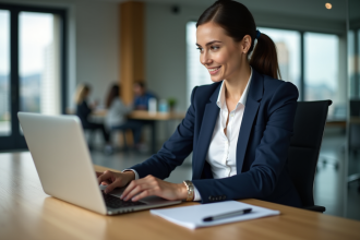 Femme professionnelle au bureau travaillant sur son ordinateur