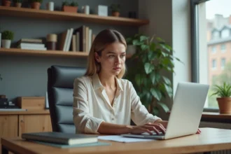 Femme au bureau moderne travaillant sur son ordinateur portable