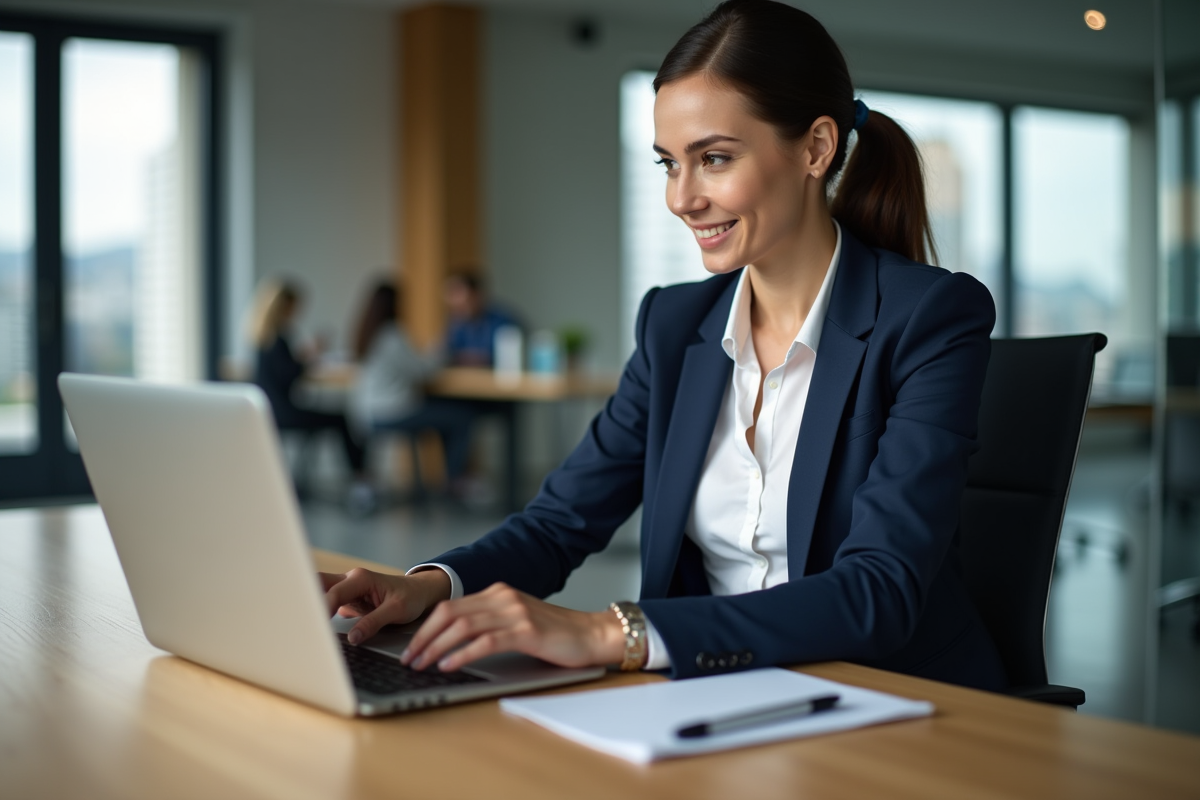 Femme professionnelle au bureau travaillant sur son ordinateur