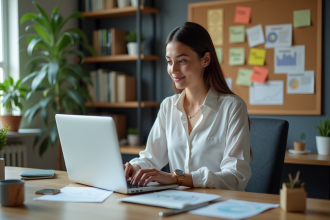 Jeune femme au bureau avec ordinateur et plantes