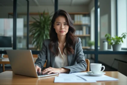 Femme concentrée travaillant sur son ordinateur dans un bureau universitaire