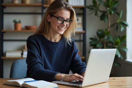 Jeune femme souriante travaillant sur son ordinateur dans un bureau moderne