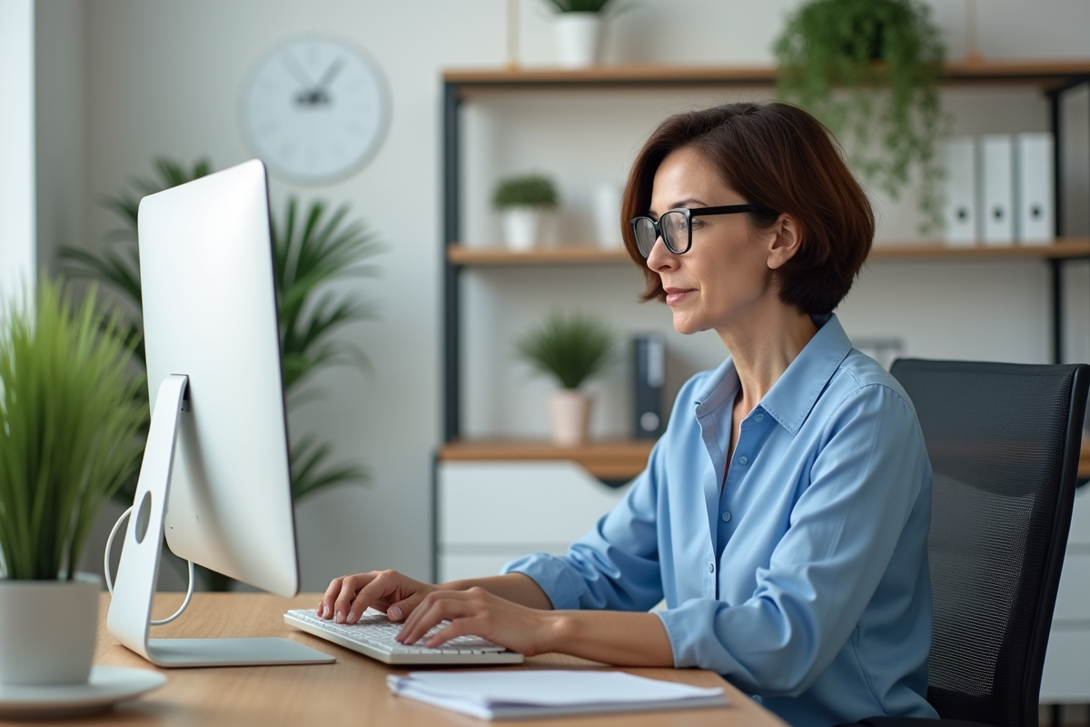 Femme d'âge moyen travaillant sur un ordinateur dans un bureau moderne
