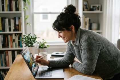 Femme au bureau en train d'éditer une image colorée sur son ordinateur