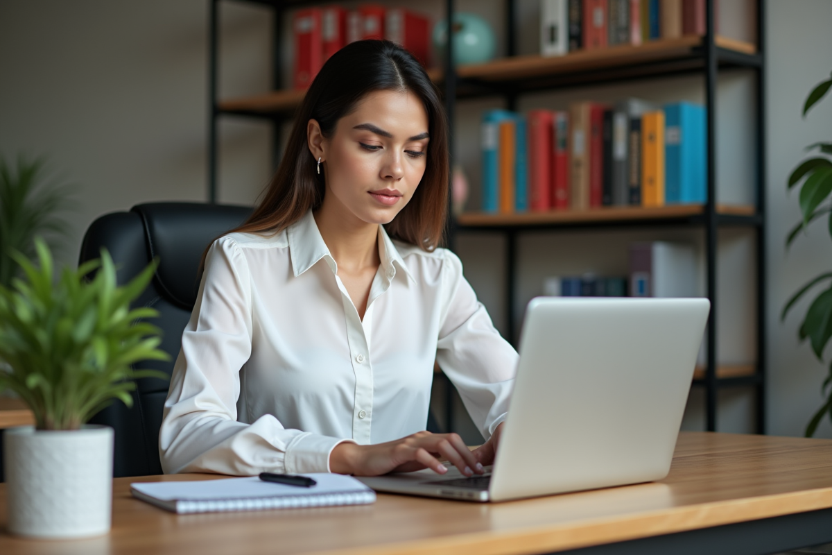 Femme au bureau travaillant sur un ordinateur blanc