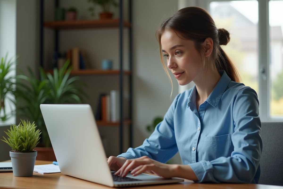 Jeune femme au bureau utilisant un ordinateur portable