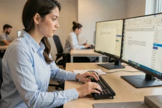 Femme au bureau maîtrisant le raccourci clavier revenir en avant sur un clavier mécanique devant deux écrans