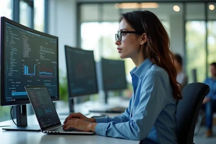 Femme concentrée travaillant sur un ordinateur avec dashboards cloud