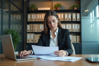 Femme d affaires en bureau sécurisé avec documents confidentiels